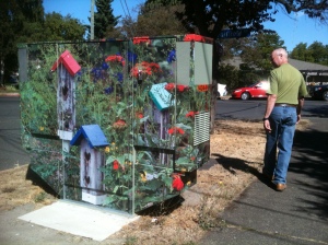 utility box wrapped with birdhouse photo garrden Victoria BC Pacific Northwest